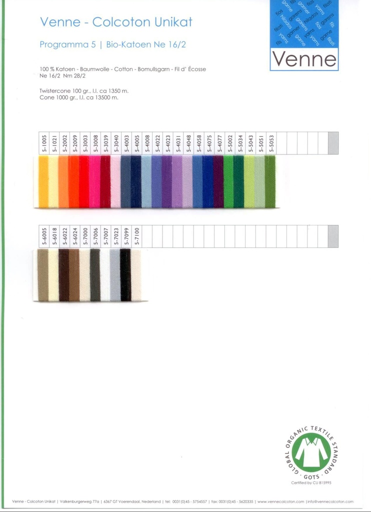 Venne Staalkaart ORGANIC Cotton Ne 16/2 Nm 28/2 programma 5