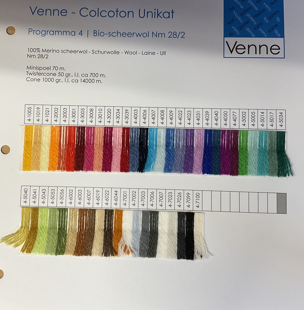 Venne Sample Card Organic Wool Nm 28/2 programma 4